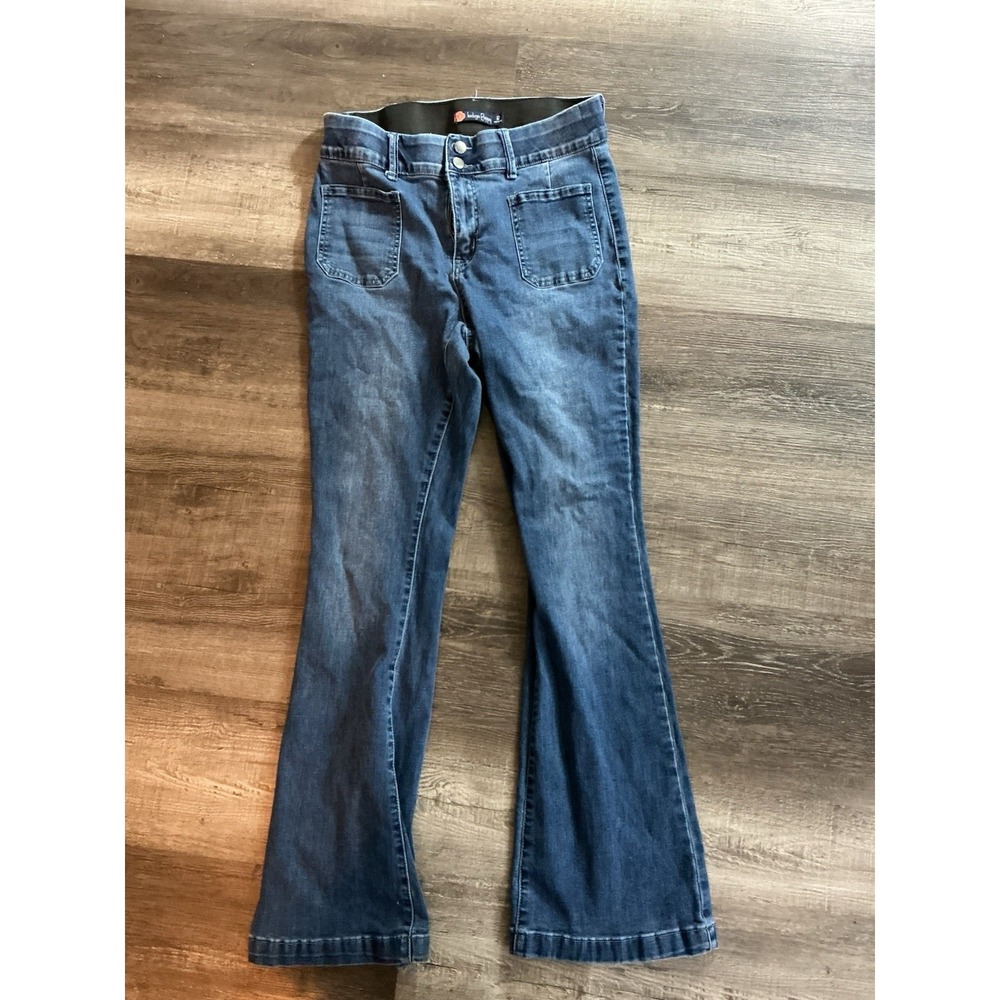 Indigo Poppy Women's High Rise Jeans Flare Size 12 Blue Denim Distress On Ankles